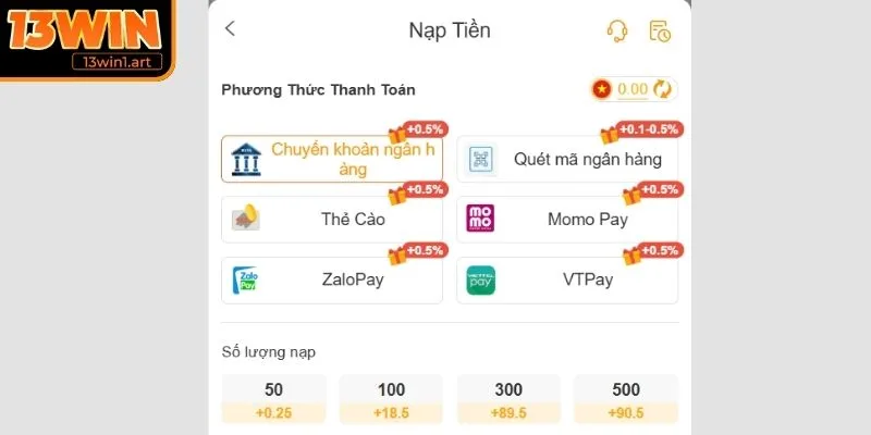 Cách nạp tiền 13WIN